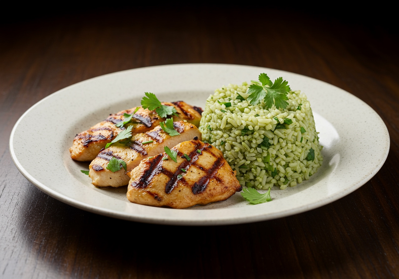A beautifully plated dish featuring grilled chicken or fish served alongside a generous portion of lime and cilantro rice, garnished with fresh herbs.