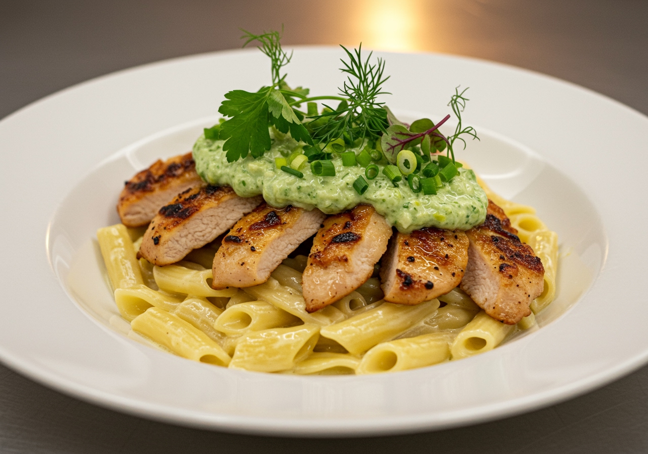 A beautifully plated dish of a meal (e.g., grilled chicken or pasta) generously topped with green onion cream cheese, garnished with fresh herbs.