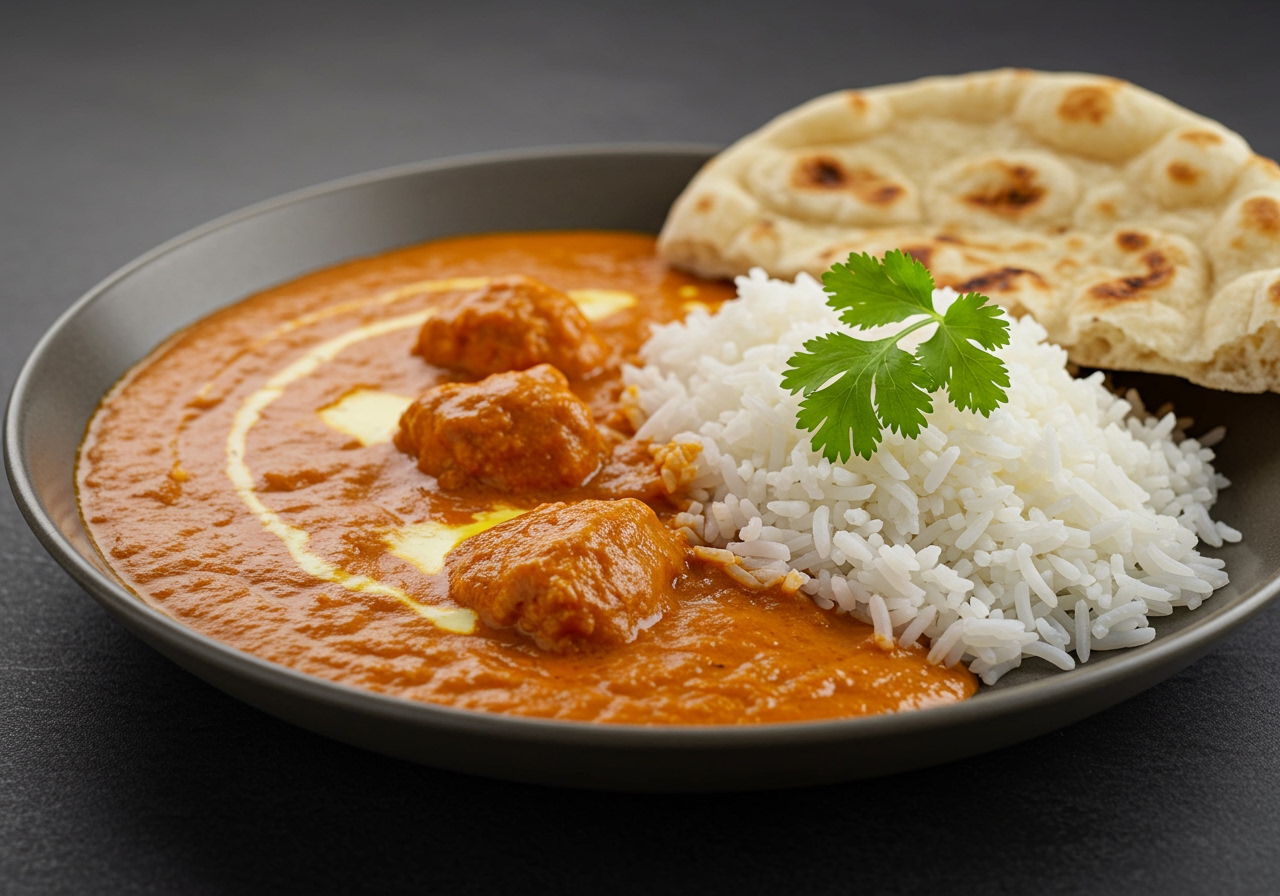 A beautifully plated dish of authentic Indian Butter Chicken Curry, served with fluffy basmati rice and freshly baked naan bread. Garnished with a sprig of cilantro.