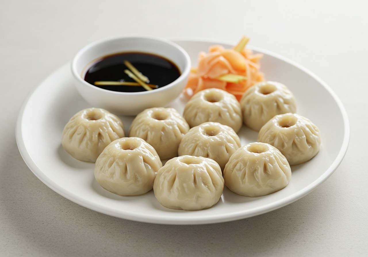 A beautifully plated dish of cold xiao long bao, served with a small dipping bowl of black vinegar and ginger slivers, looking refreshing and appetizing.