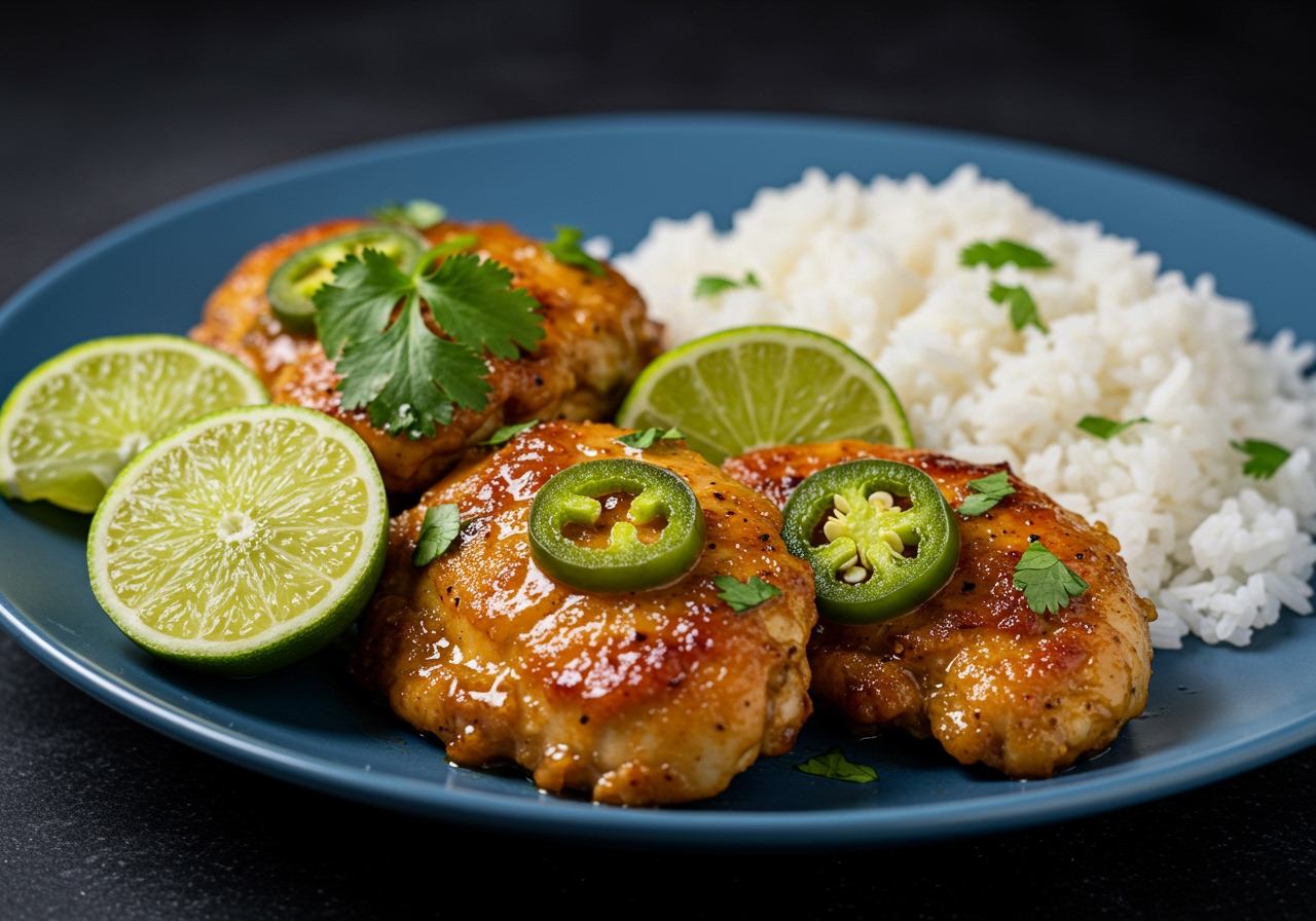 A beautifully plated dish of cooked jalapeño lime chicken, garnished with fresh cilantro and extra lime wedges, alongside a serving of fluffy white rice.