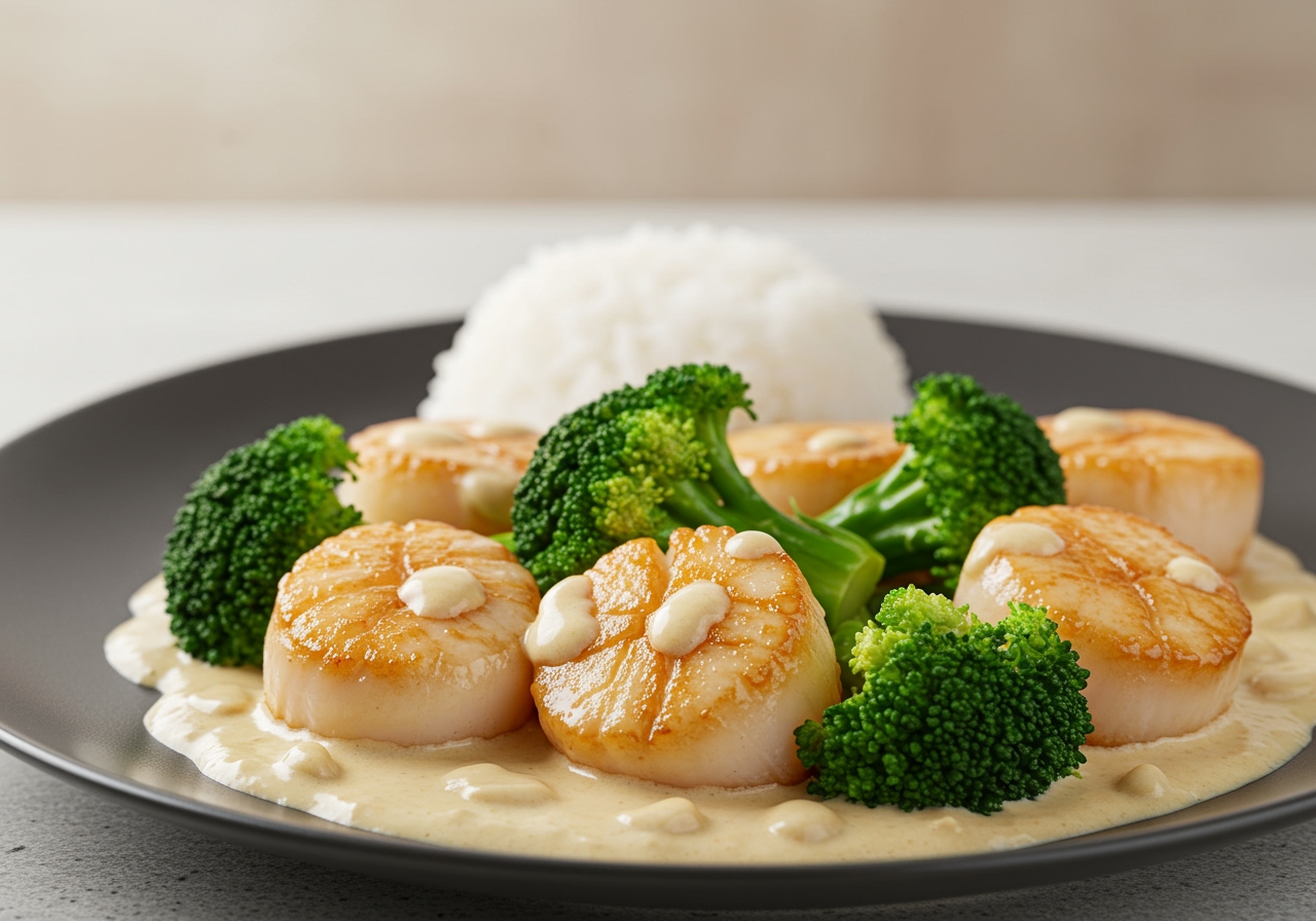 A beautifully plated dish of creamy scallops and broccoli stir-fry, perhaps with rice or pasta in the background, looking appetizing and elegant.