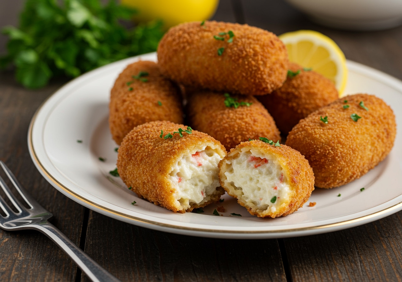 A beautifully plated dish of golden-brown crab cream croquettes, perfectly fried, with a rich, creamy white interior peeking out from a cut croquette. Garnish with a lemon wedge and fresh parsley.