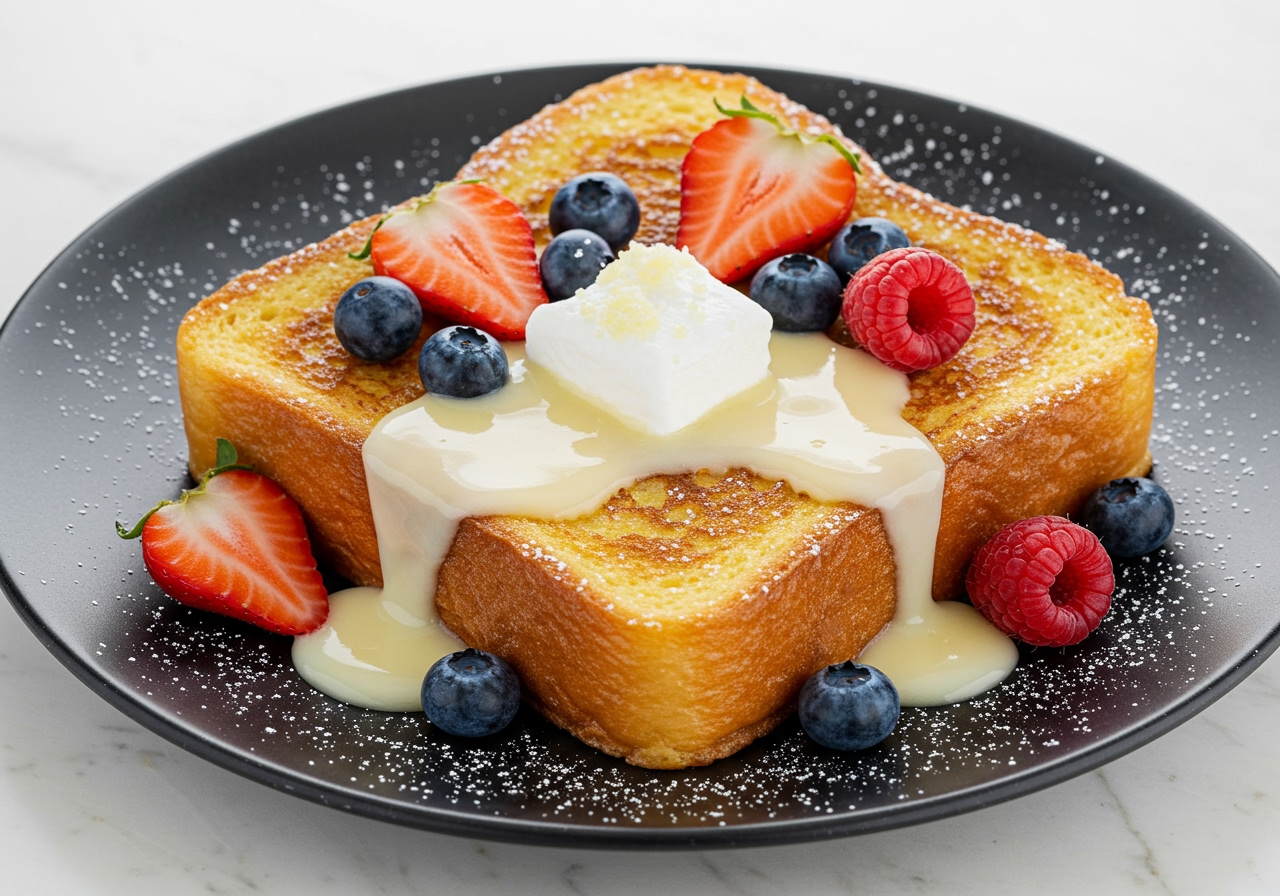 A beautifully plated dish of golden-brown French toast, drizzled generously with lemon marshmallow glaze, garnished with fresh berries and a dusting of powdered sugar.