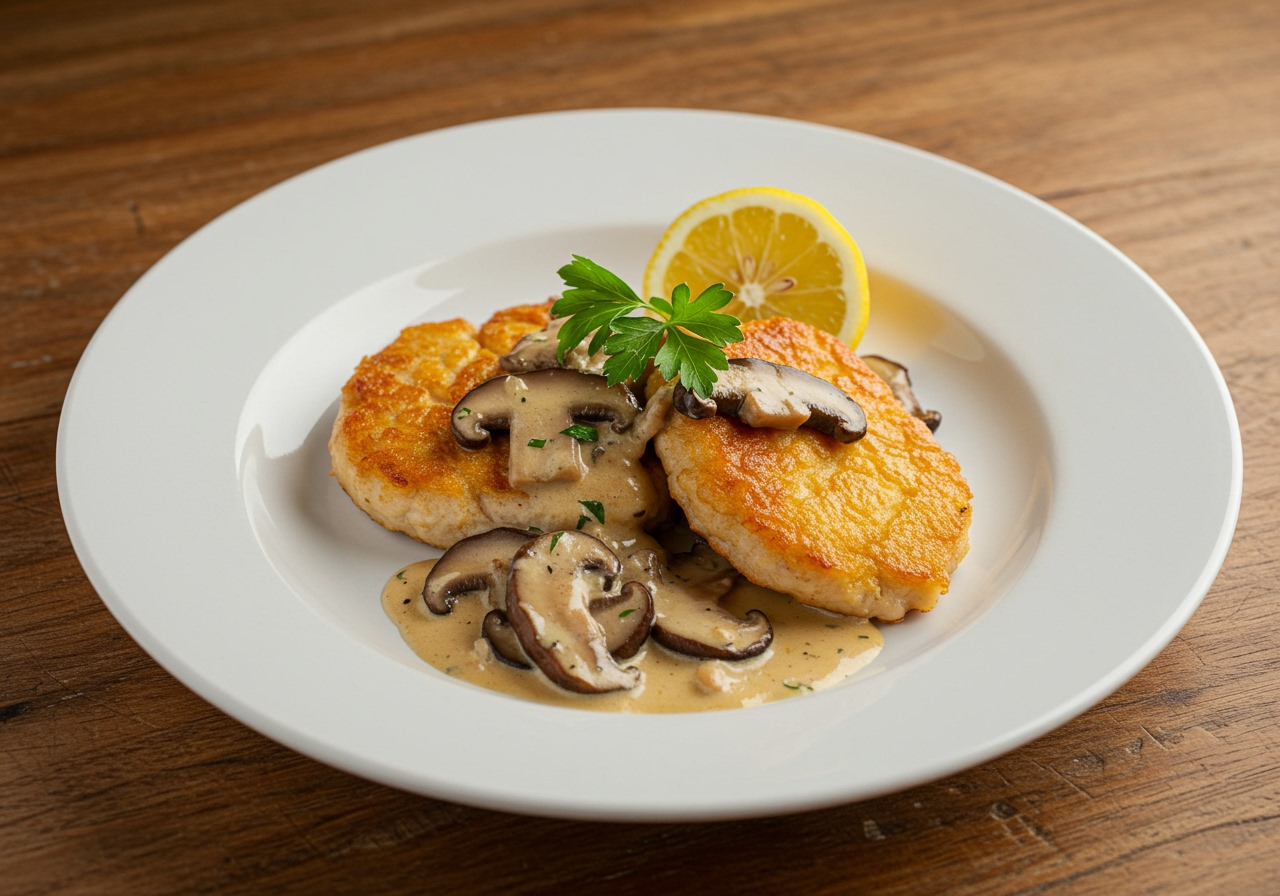 A beautifully plated dish of golden-brown shiitake mushroom scallopine with a rich, creamy sauce, garnished with fresh parsley and a lemon wedge, against a rustic wooden table background.