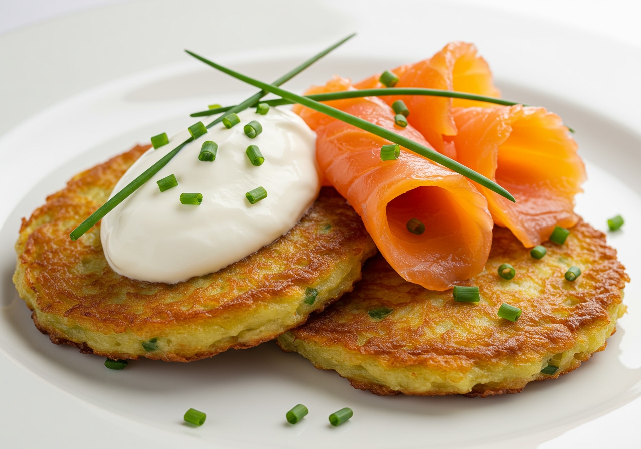 A beautifully plated dish of golden potato pancakes topped with a generous dollop of sour cream, finely chopped chives, and thinly sliced smoked salmon, ready to be served elegantly.
