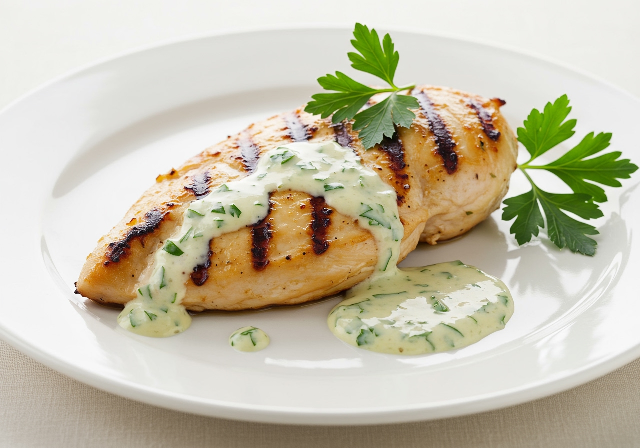 A beautifully plated dish of grilled chicken breast, perfectly seared and garnished with fresh parsley, with a generous drizzle of the creamy shallot and parsley vinaigrette.