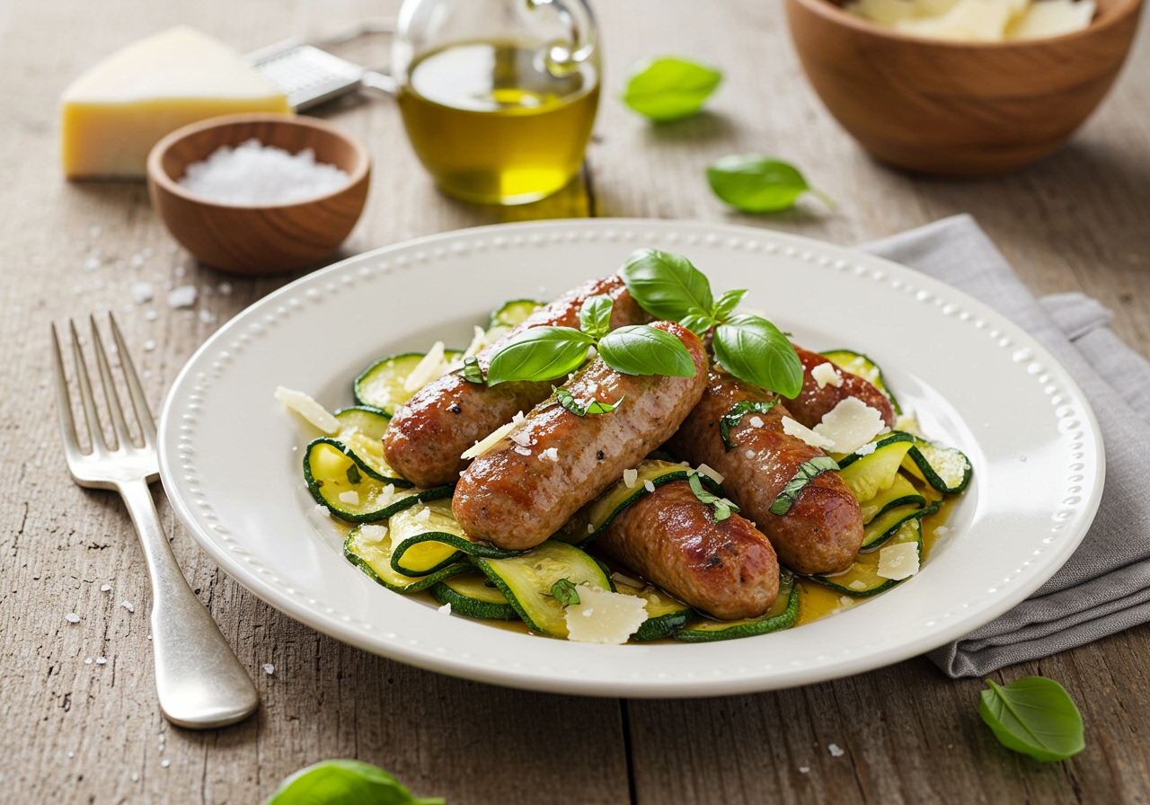 A beautifully plated dish of Italian sausage and zucchini, garnished with fresh basil, Parmesan cheese, and a drizzle of olive oil, ready to be served on a rustic table setting.