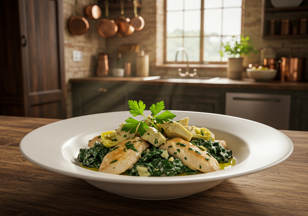A beautifully plated dish of keto-style spinach artichoke chicken, garnished with fresh parsley, in a rustic kitchen setting.