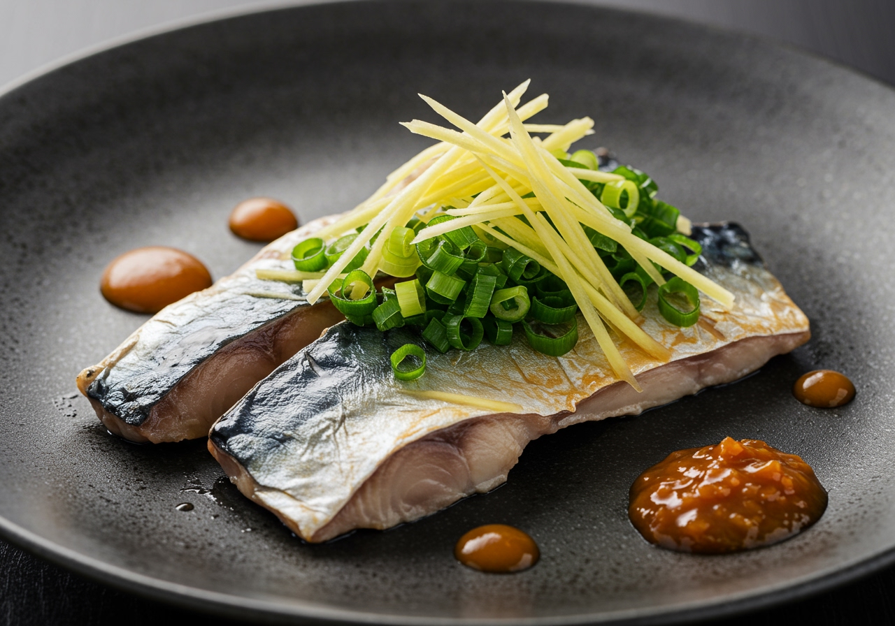 A beautifully plated dish of Mackerel Pressure Cooker, with soft bones visible, garnished with ginger or green onions.