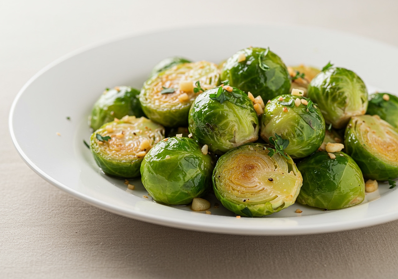 A beautifully plated dish of pan-fried Brussels sprouts with garlic and a sprinkle of fresh herbs.