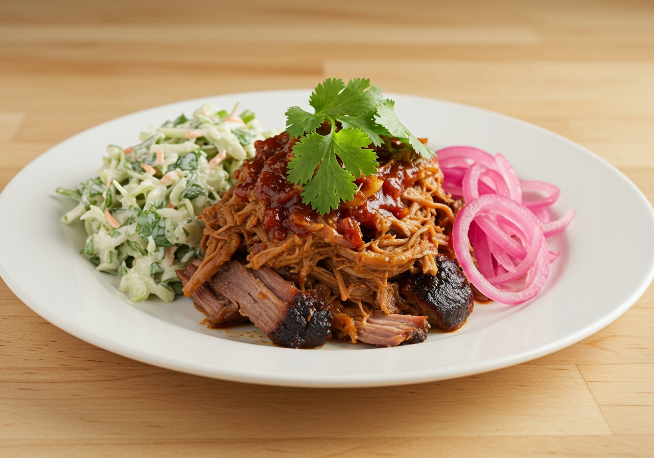 A beautifully plated dish of pulled pork with a side of healthy pickled onion and cilantro coleslaw, garnished with extra fresh cilantro, on a light wooden table