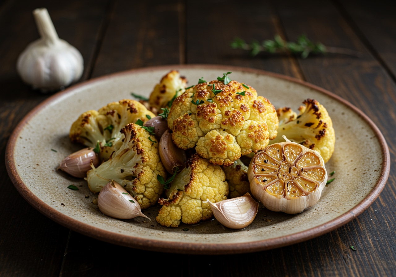 A beautifully plated dish of roasted cauliflower with roasted garlic, perhaps garnished with fresh herbs, ready to be served.