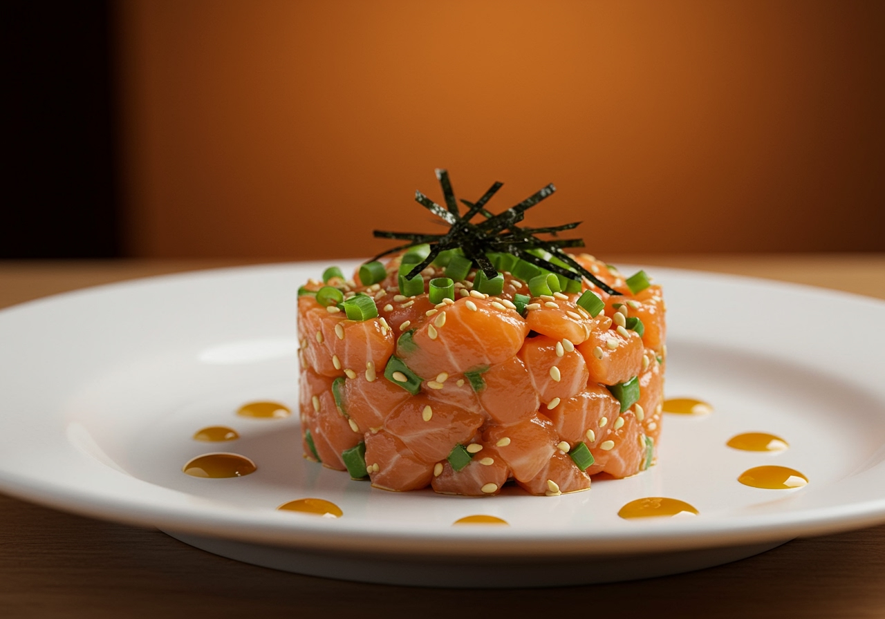 A beautifully plated dish of salmon tartare with a Japanese twist, perhaps garnished with green onions, sesame seeds, and nori strips.