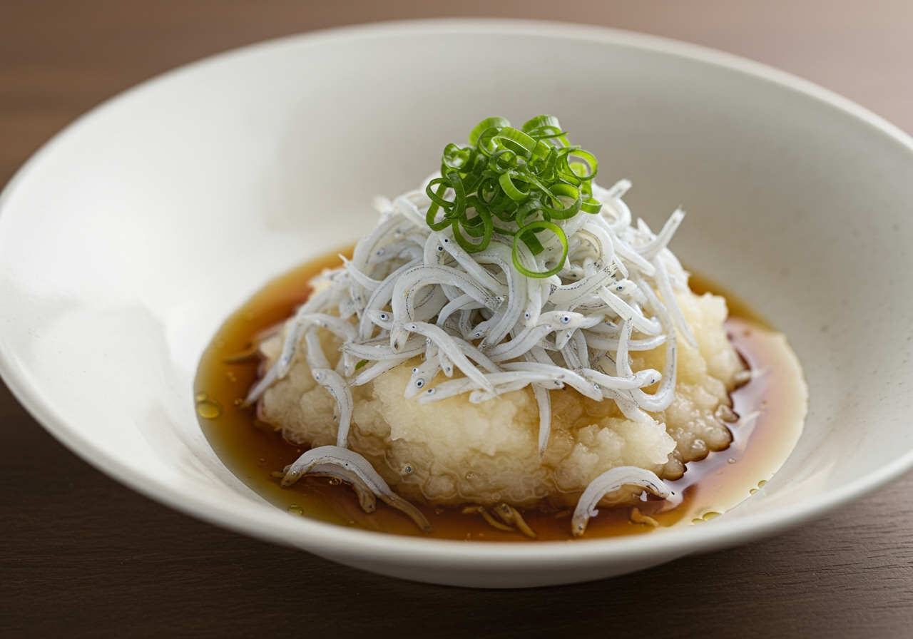 A beautifully plated dish of shirasu and daikon oroshi with soy sauce and green onions as garnish