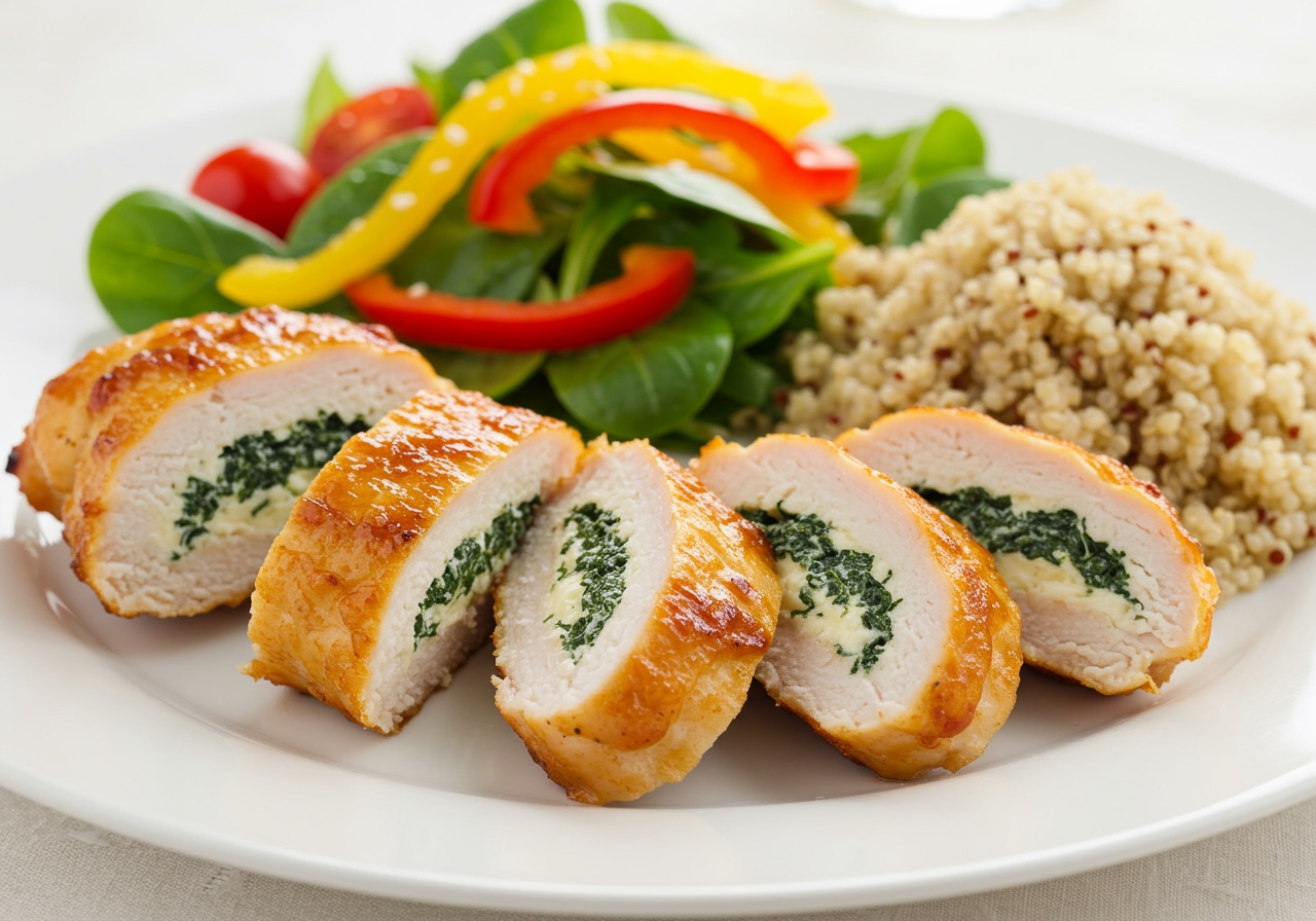 A beautifully plated dish of sliced spinach and cream cheese stuffed chicken, served with a vibrant side salad and quinoa, ready to eat.