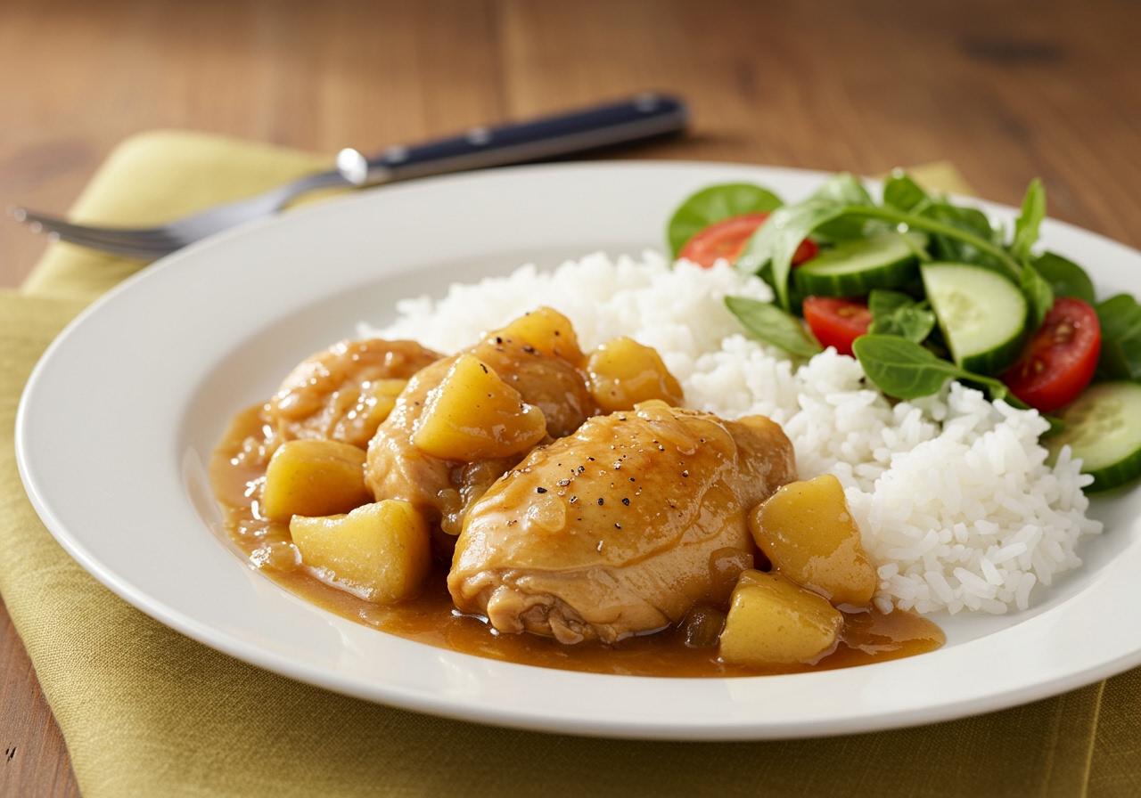 A beautifully plated dish of slow cooker apple and honey chicken stew with rice and a side salad.