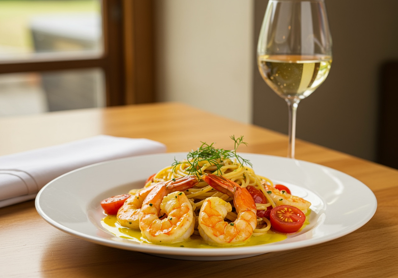 A beautifully plated dish of sous vide lemon butter shrimp served alongside a side of fresh pasta with cherry tomatoes and a glass of white wine.