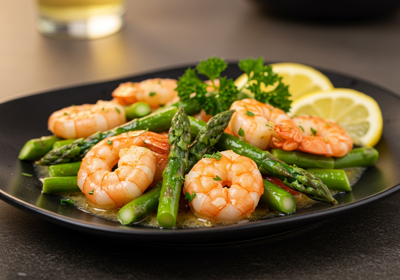 A beautifully plated dish of the finished shrimp and asparagus butter stir-fry, garnished with fresh parsley and lemon wedges.