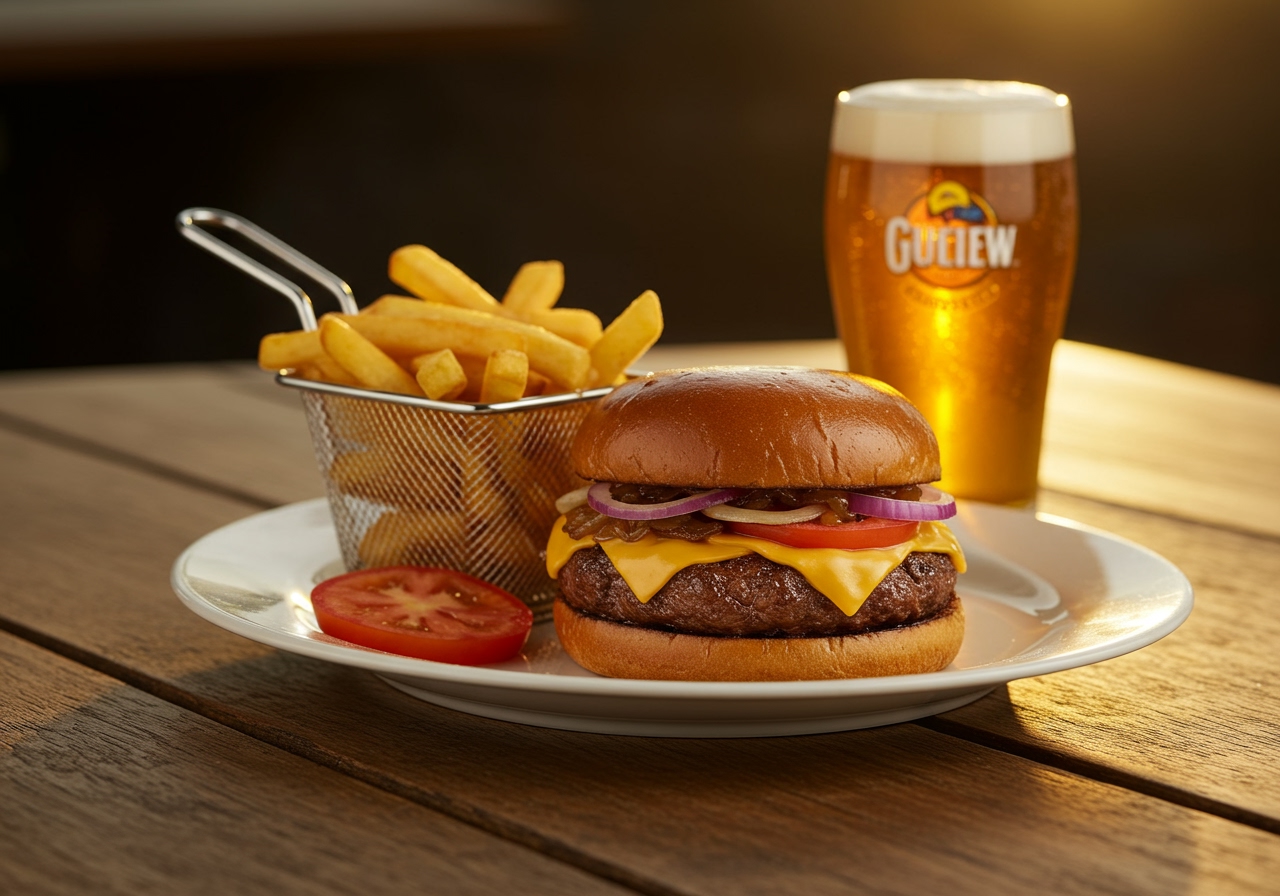 A beautifully plated gourmet burger on a rustic wooden table, accompanied by golden crispy fries in a small basket and a glass of refreshing craft beer.