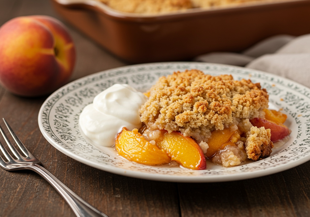 A beautifully plated healthy Chenonceaux-style peach cobbler, with golden brown topping and juicy peaches peeking through, served with a dollop of light Greek yogurt or vegan whipped cream. Soft, natural lighting. Focus on texture and warmth.
