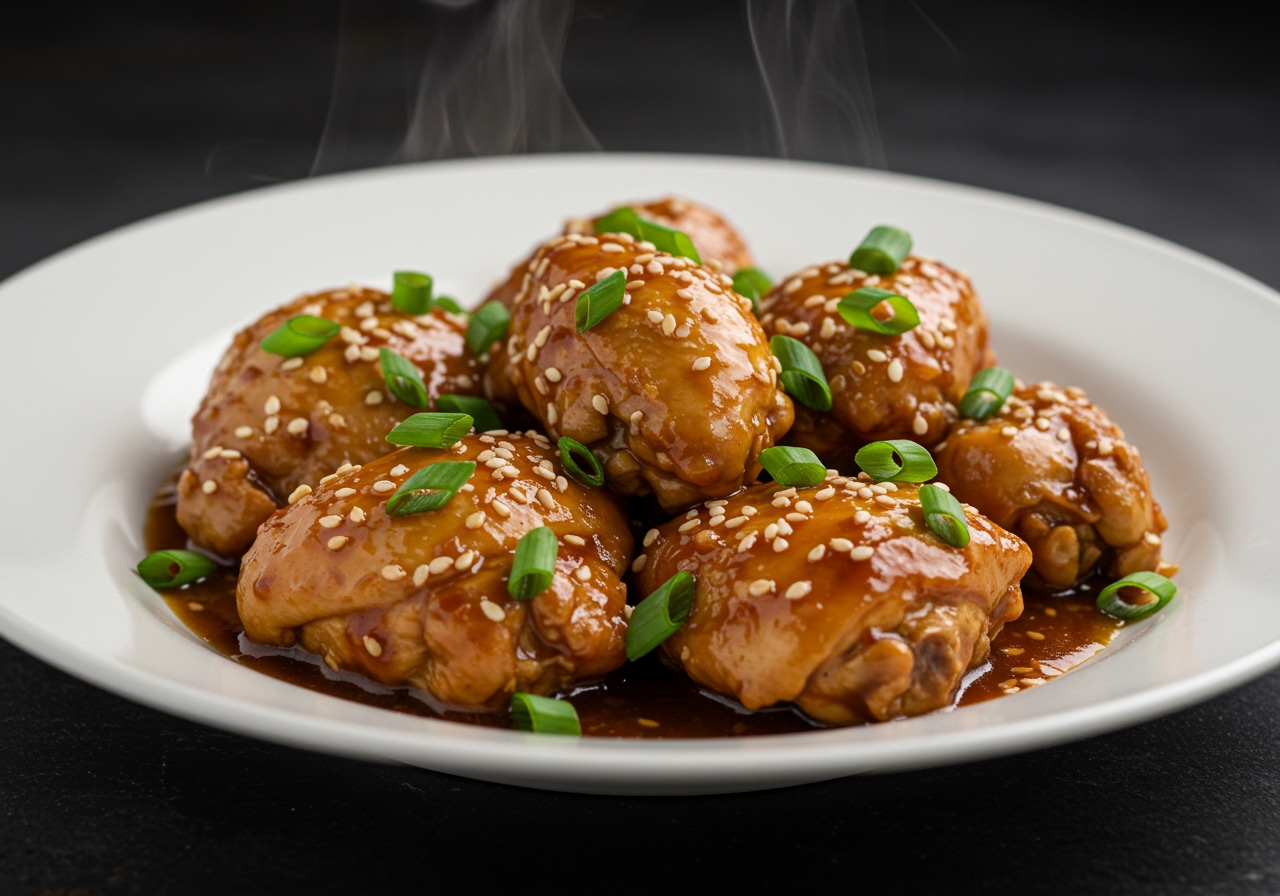 A beautifully plated healthy ginger-flavored adobo chicken, with tender chicken pieces coated in a rich, glossy sauce. Freshly chopped green onions and a sprinkle of sesame seeds garnish the dish. Steam is gently rising from the hot food, suggesting its warmth and inviting aroma.