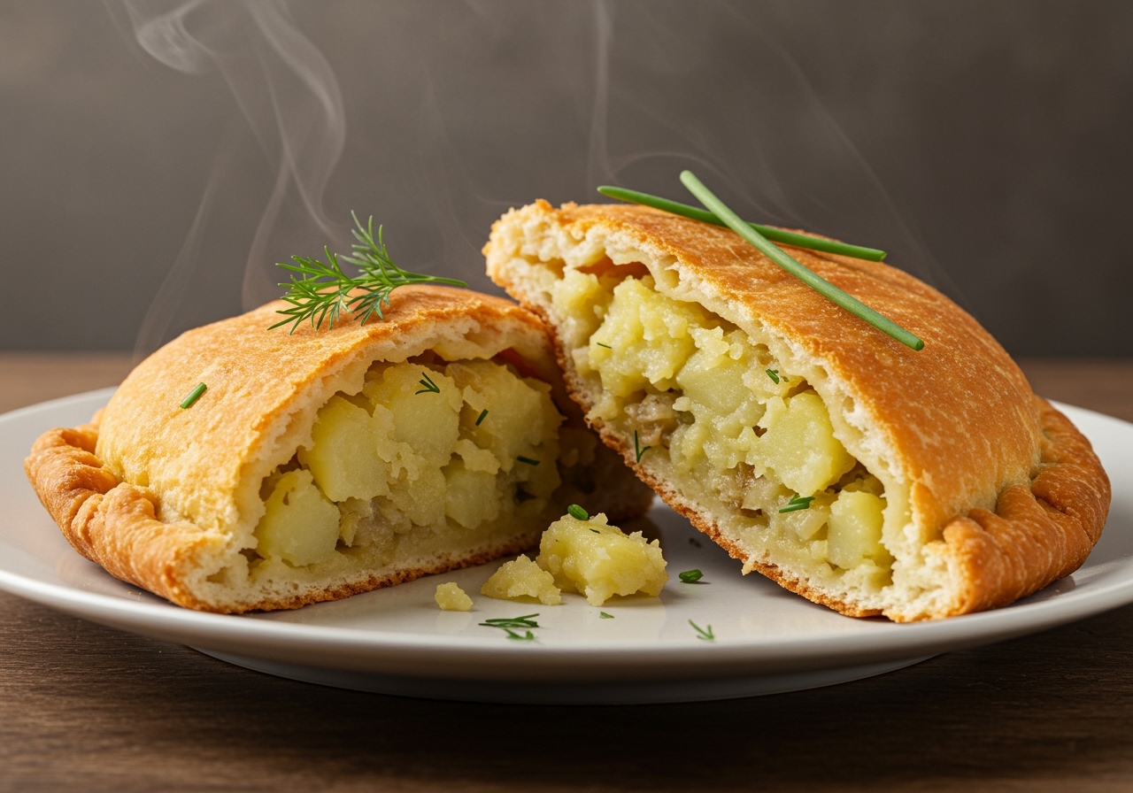 A beautifully plated healthy knish cut in half, showing the steam rising and the texture of the filling and dough, served with a fresh herb garnish.