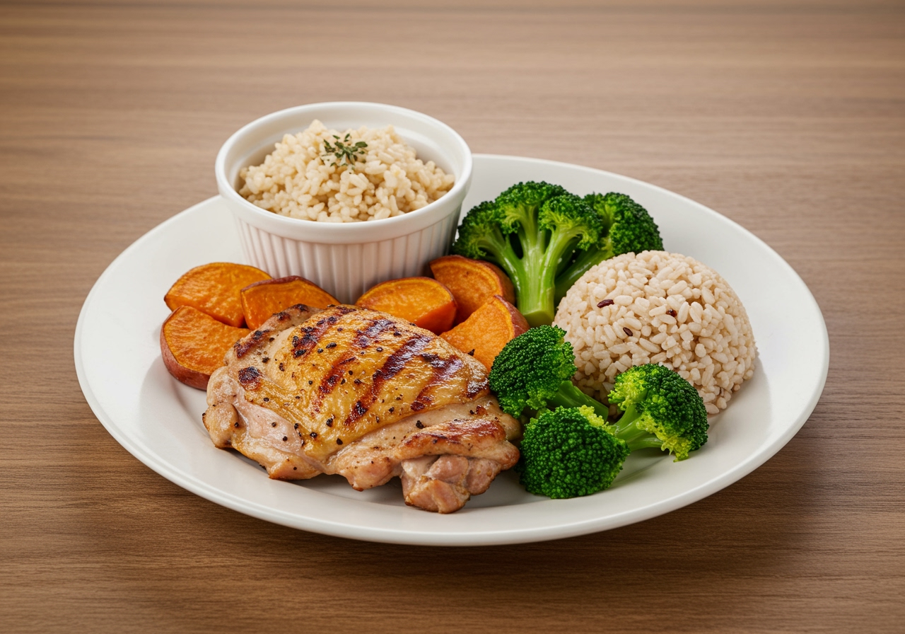 A beautifully plated healthy meal featuring grilled chicken thigh, alongside roasted vegetables like broccoli and sweet potatoes, and a small bowl of brown rice, demonstrating a balanced and appealing dish.