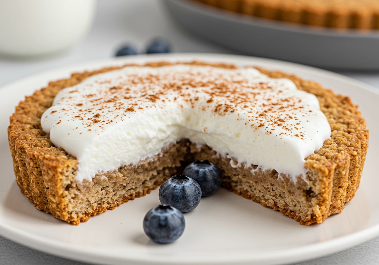 A beautifully plated, healthy oatmeal cream pie, showing a cross-section of the creamy filling and soft oat cookies, garnished with fresh berries or a sprinkle of cinnamon.