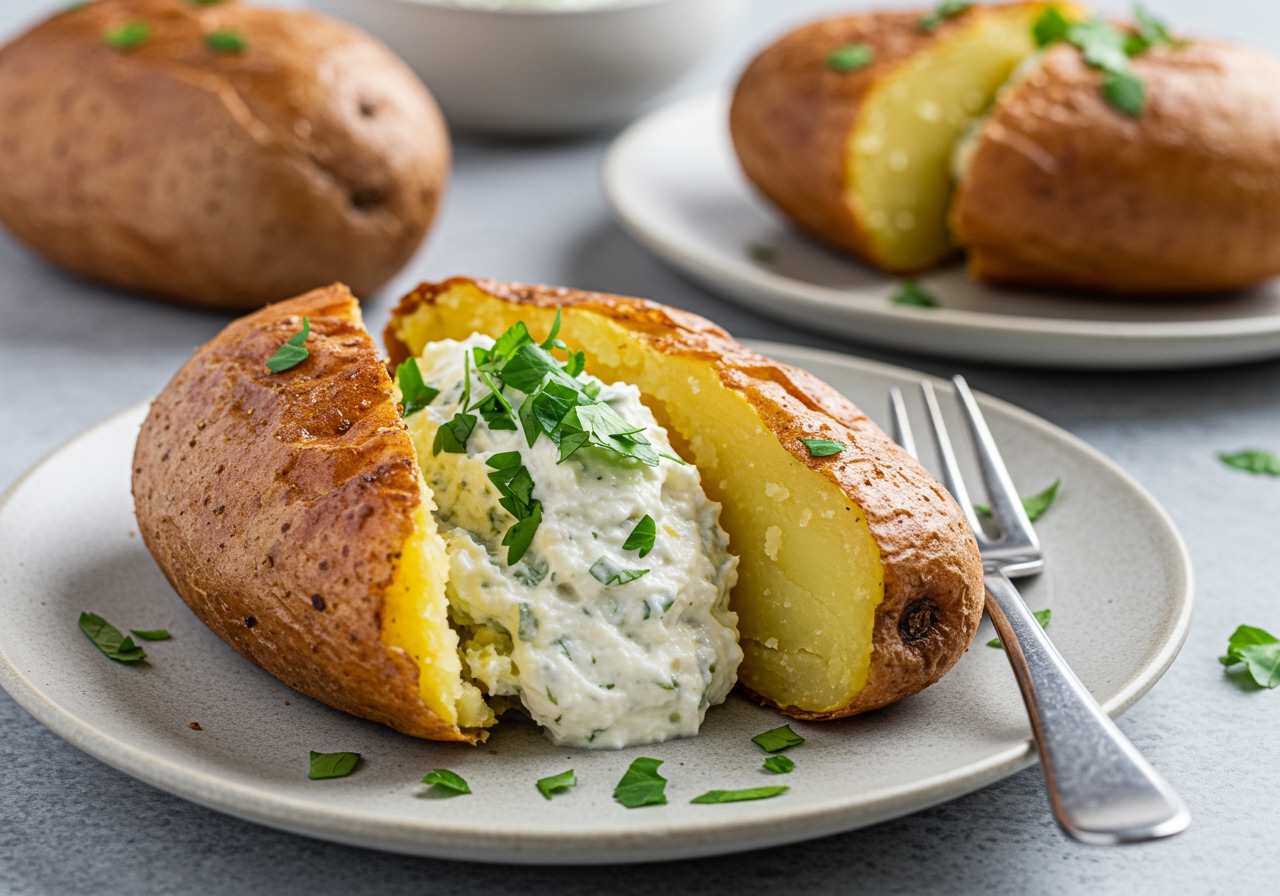 A beautifully plated healthy twice-smoked potato, cut open to reveal a creamy filling, garnished with fresh herbs, with a subtle smoky haze in the background. The potato skin is golden brown and slightly crispy.