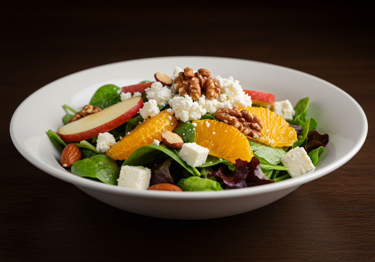 A beautifully plated individual serving of Claremont salad, showing layers of greens, fruit, nuts, and feta.