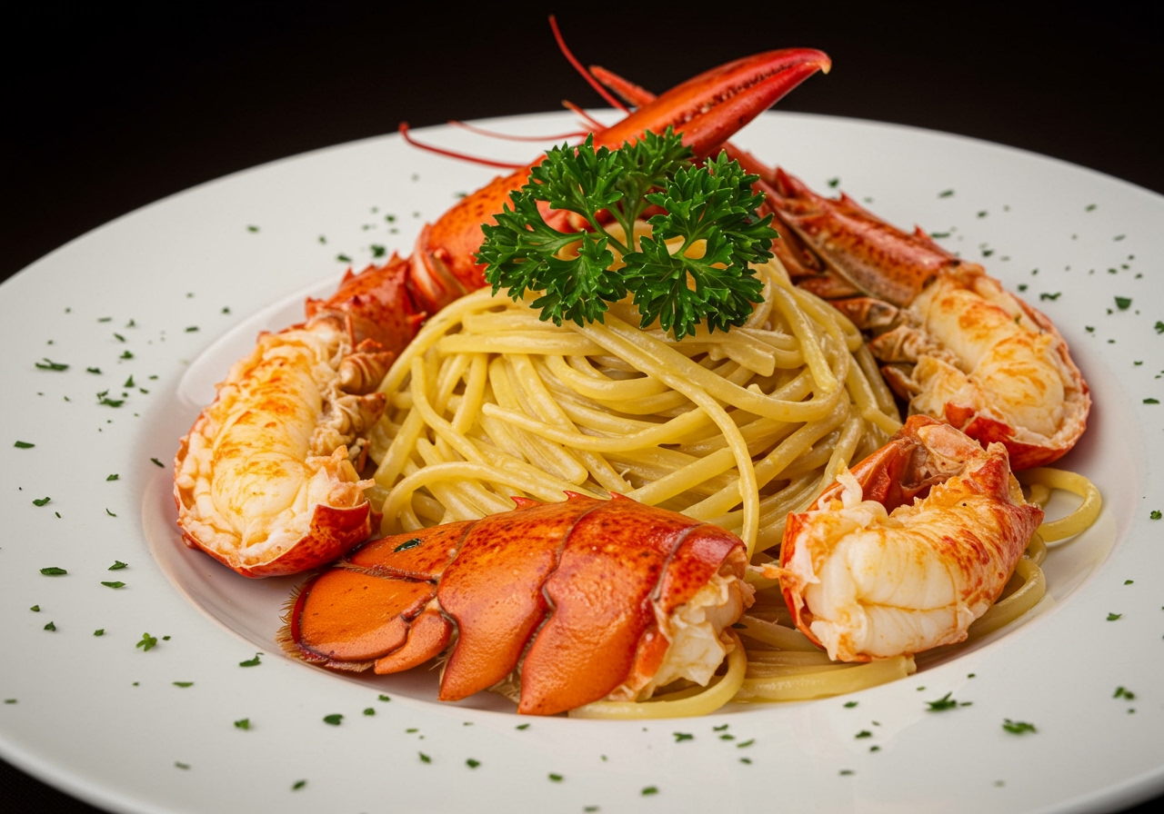 A beautifully plated lobster linguine with whole lobster claws and tail pieces visible, garnished with fresh parsley, on a elegant plate.