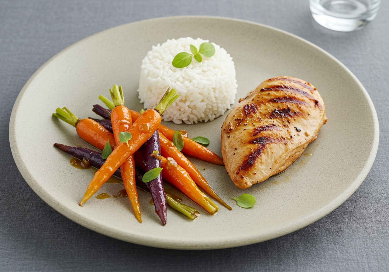 A beautifully plated meal featuring a serving of tamarind-glazed colorful carrots alongside a grilled chicken breast, a scoop of fluffy white rice, and a sprig of fresh herbs, presented on a minimalist ceramic plate.