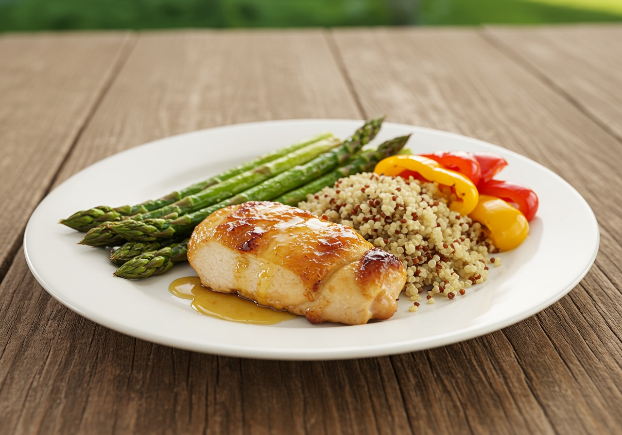 A beautifully plated meal featuring a slice of honey baked chicken, alongside roasted asparagus, colorful bell peppers, and a serving of quinoa, on a rustic wooden table.
