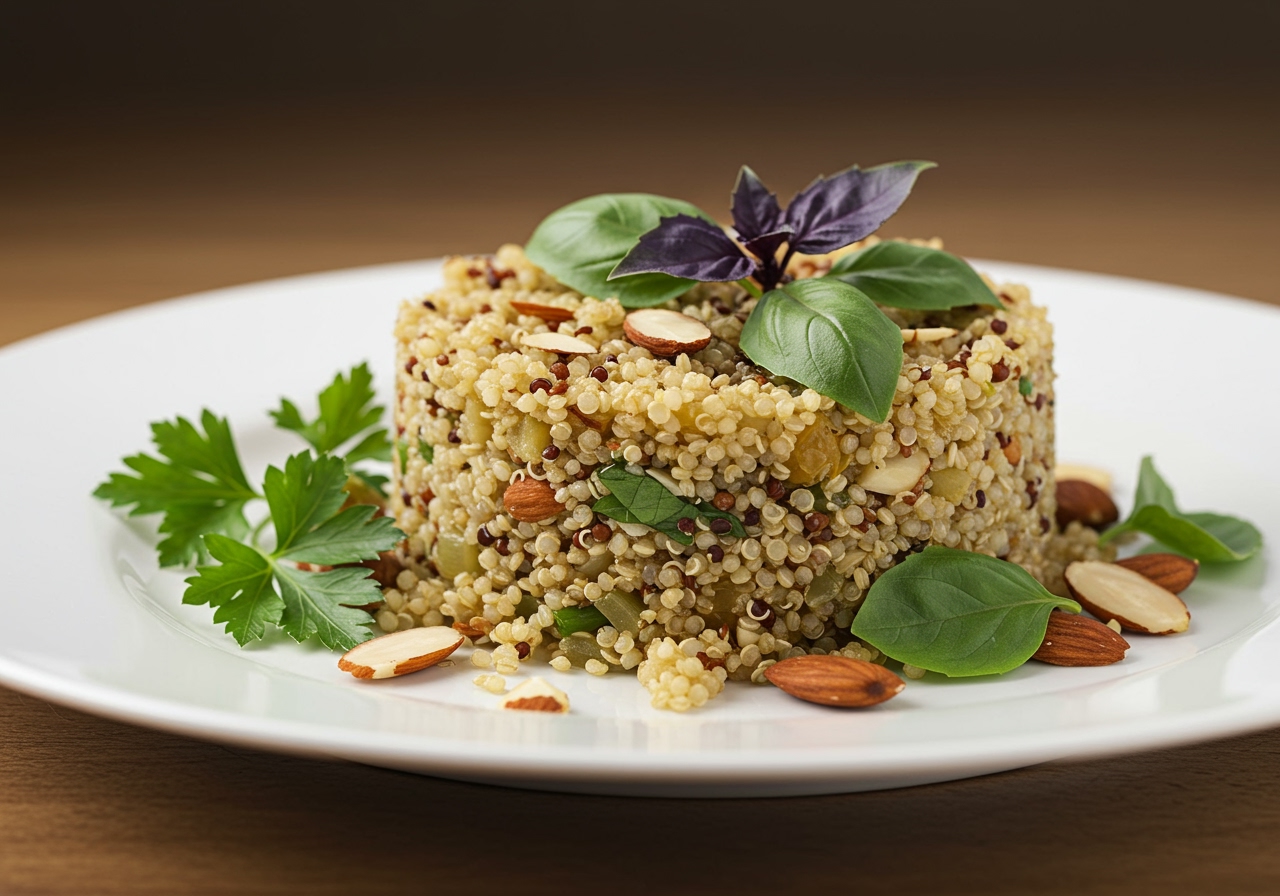A beautifully plated Quinoa and Almond Pilaf, garnished with fresh herbs