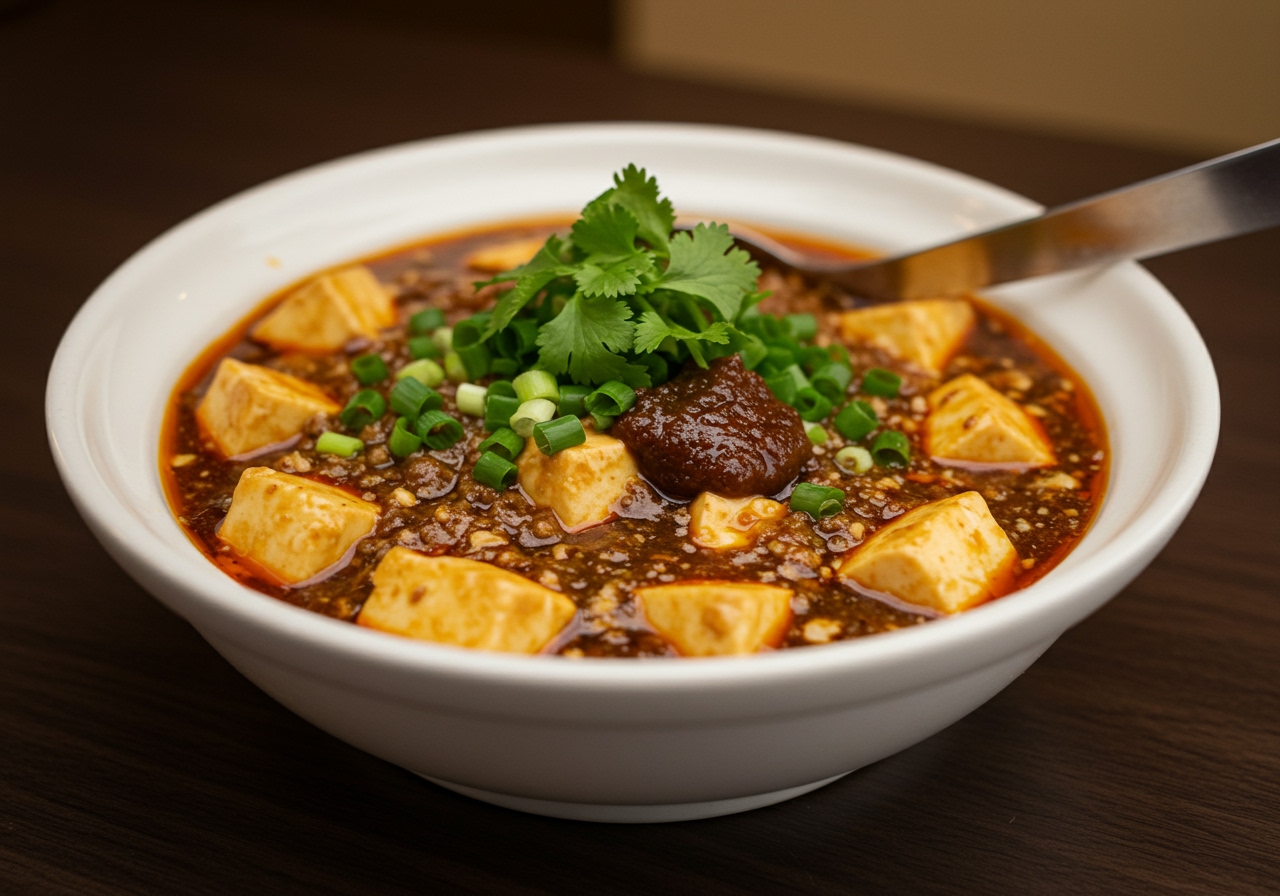 A beautifully plated serving of authentic Mapo Tofu in a traditional Chinese bowl, garnished with fresh green onions, with a spoon resting in the bowl.