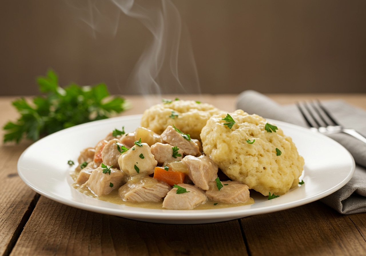 A beautifully plated serving of healthy slow cooker turkey and dumplings, garnished with fresh parsley, steam gently rising, on a rustic wooden table with soft, inviting lighting.
