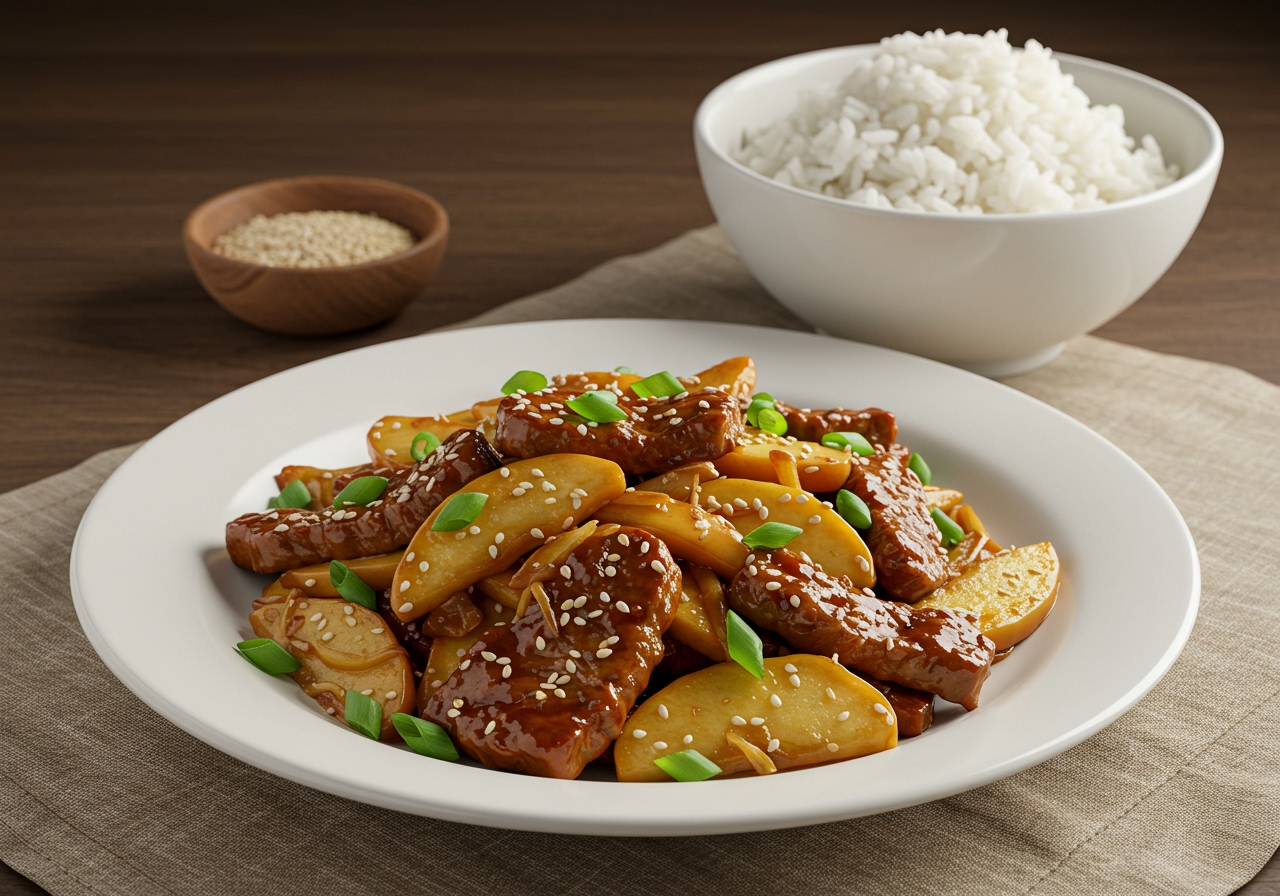 A beautifully plated serving of Hoisin pork, apple, and ginger stir-fry, garnished with fresh green onions and sesame seeds, served alongside a bowl of fluffy white rice.
