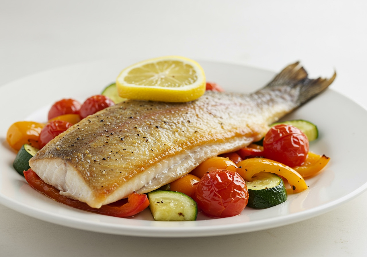 A beautifully plated serving of the finished Easy Mediterranean Trout with roasted vegetables and a slice of lemon.