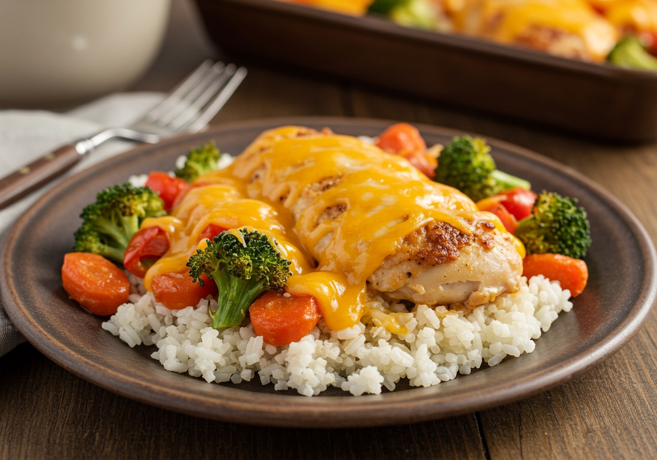 A beautifully plated serving of the sheet pan chicken and vegetable bake with melted cheese, perhaps on a bed of rice or quinoa.