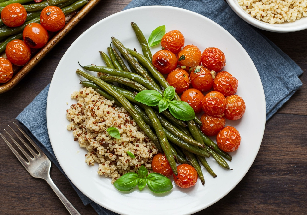 A beautifully plated serving of the vegan sheet pan dinner, showcasing the roasted green beans, burst cherry tomatoes, and fresh basil, perhaps alongside a scoop of quinoa or brown rice.
