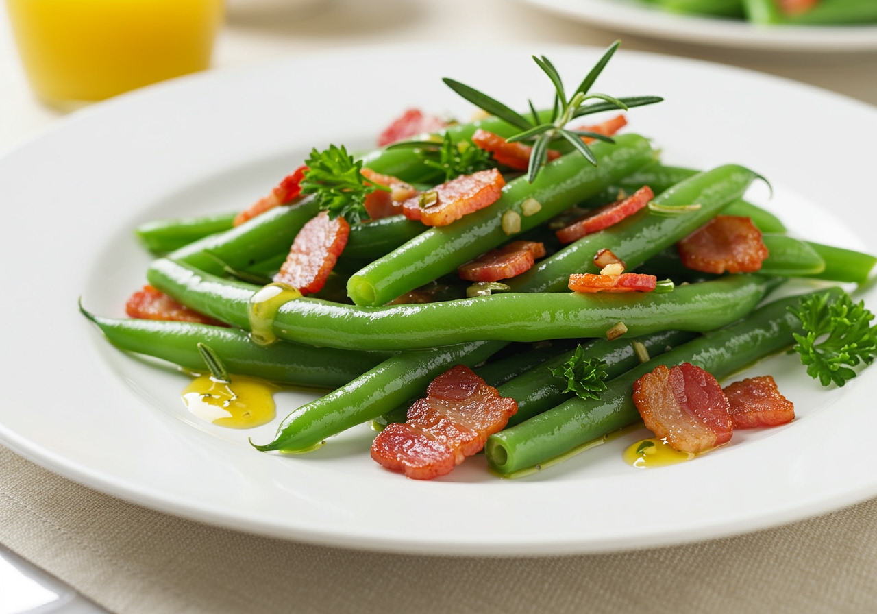 A beautifully plated serving of warm green bean and bacon salad on a white plate, garnished with fresh herbs, suitable for a gourmet presentation.