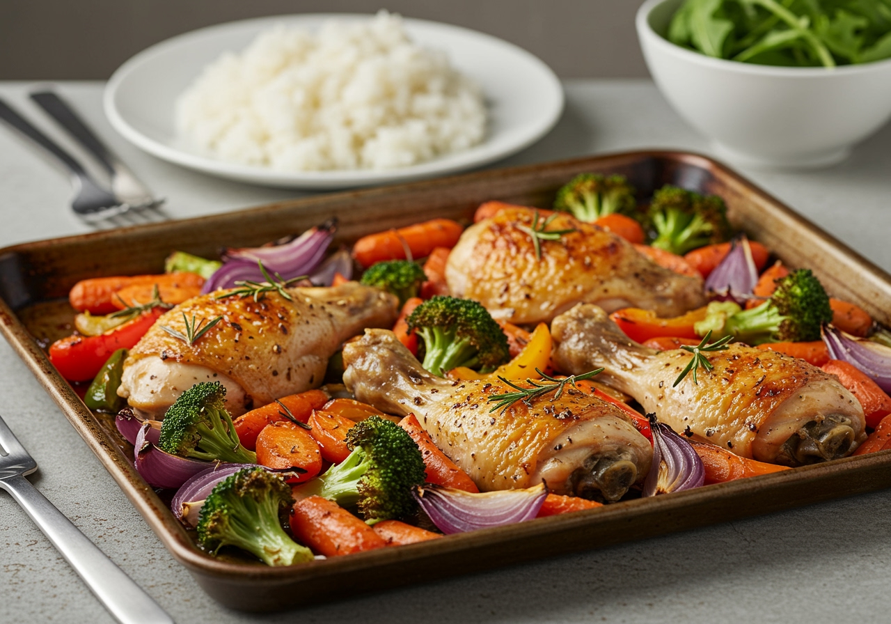 A beautifully plated sheet pan chicken and vegetable dinner for two, possibly served on plates with a small side of rice or a salad.