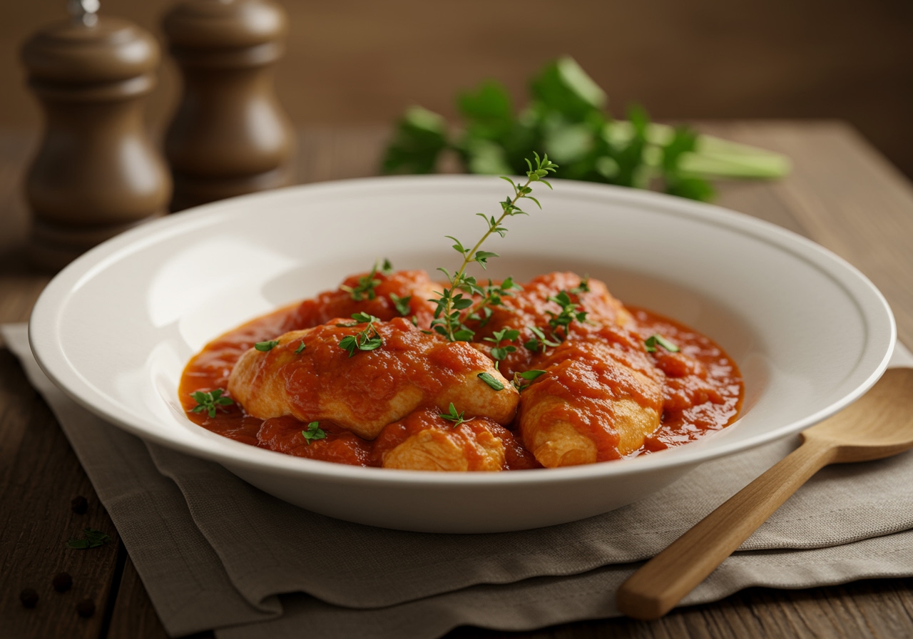 A beautifully plated single serving of chicken and tomato stew, garnished with fresh herbs, ready to be eaten, with a soft focus background.