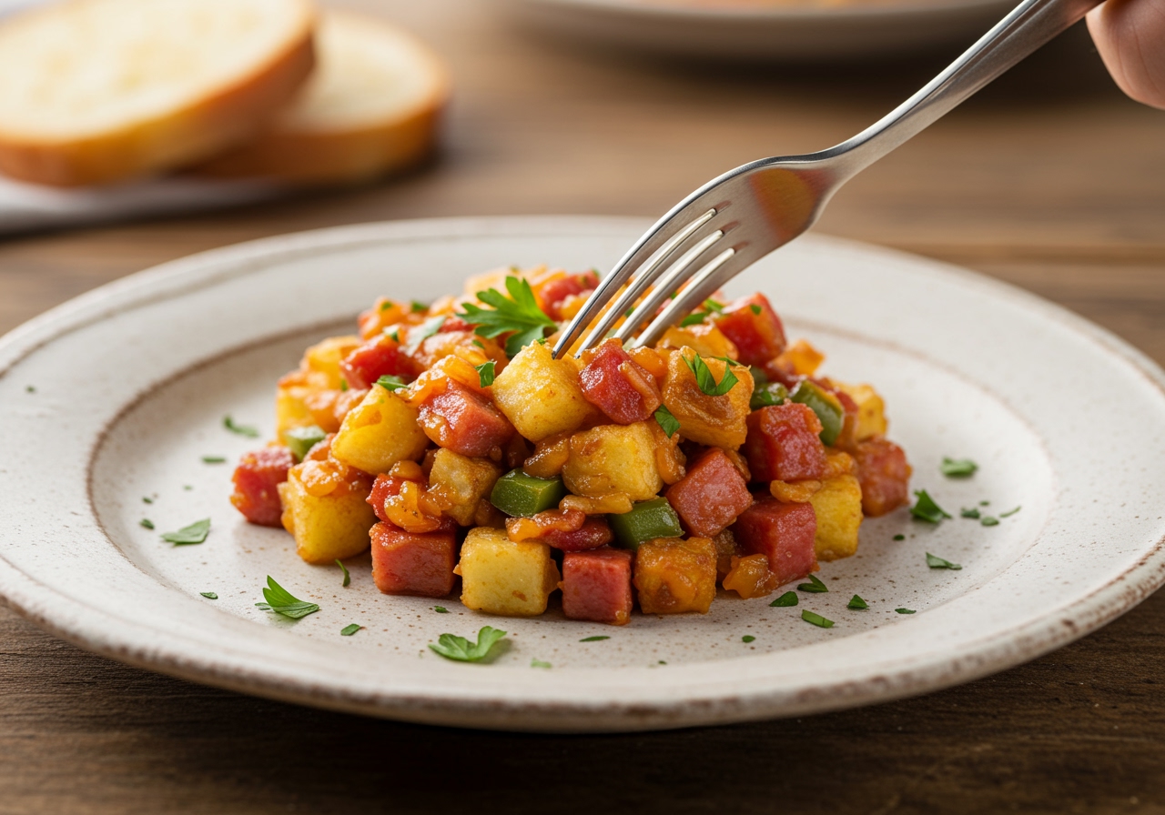 A beautifully plated single serving of Kelly's Hot Hash, ready to be enjoyed, with a fork gently scooping into the vibrant ingredients.