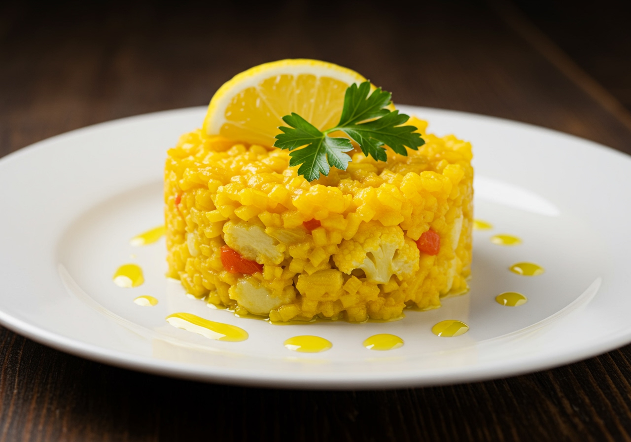 A beautifully plated single serving of keto cauliflower paella with a lemon wedge and parsley garnish.