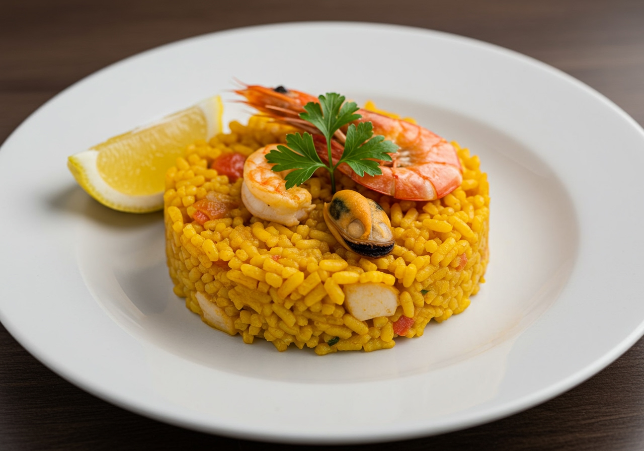 A beautifully plated single serving of seafood paella, showing off vibrant saffron-colored rice, various seafood pieces, and a visible layer of socarrat at the bottom edge. Garnished with a lemon wedge and parsley.