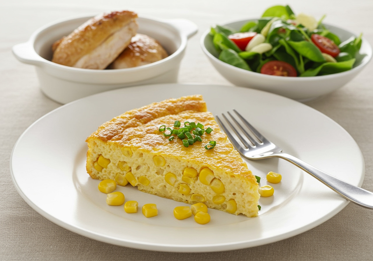 A beautifully plated slice of corn pudding, garnished with fresh herbs (like chives or parsley) on a white ceramic plate, accompanied by a small bowl of roasted chicken and a side salad, showcasing a balanced meal.