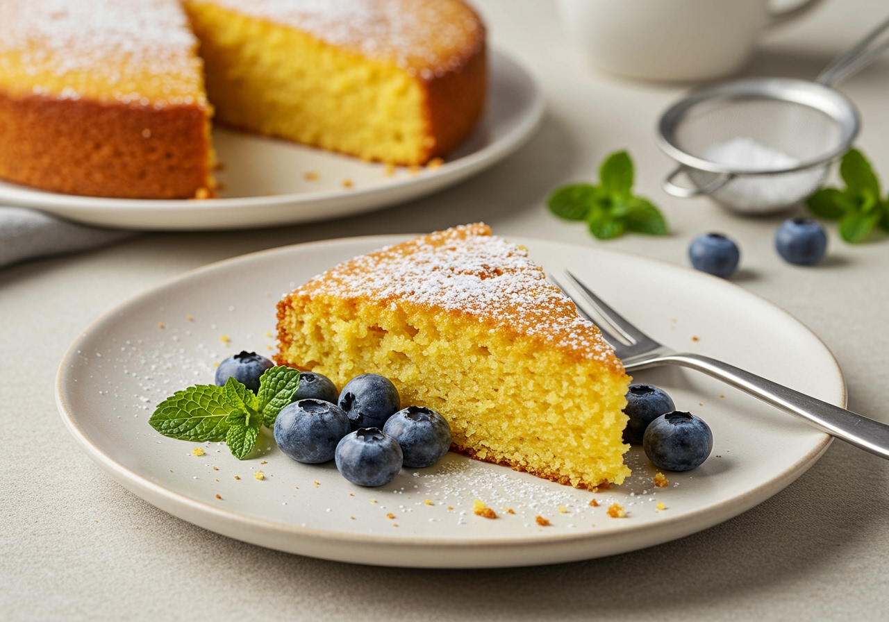 A beautifully plated slice of cornmeal cake, perhaps with a side of berries and a dusting of powdered sugar, presented elegantly.