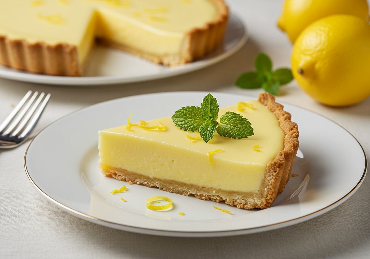 A beautifully plated slice of creamy lemon pie with a smooth, bright yellow filling and a golden brown crust, garnished with fresh lemon zest and a sprig of mint on a white dessert plate. Soft, natural light illuminates the scene.